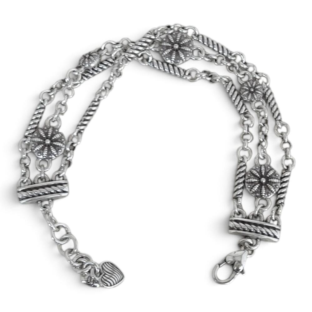 Retired Brighton Silver Bracelet Triple Strand Heart Flower Bar Design